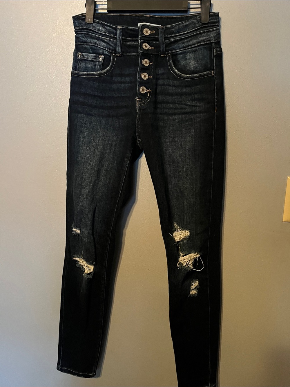KanCan Dark Blue Button-Fly Distressed Skinny Jeans